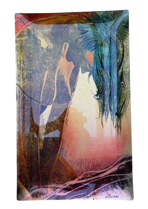 Plaque murale italienne en verre peint, signée "pachini"