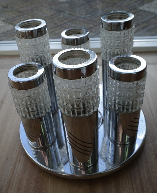 Rara lampada da soffitto di design vintage - Cromo e vetro - 6 luci (anni '60/70)