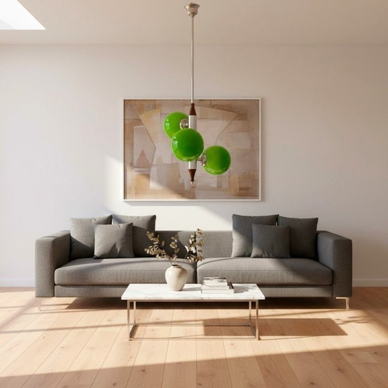 Image 1 of Portuguese Mid Century Modern Space Age chandelier clustered hanging lamp with 3 green globes, 1960s