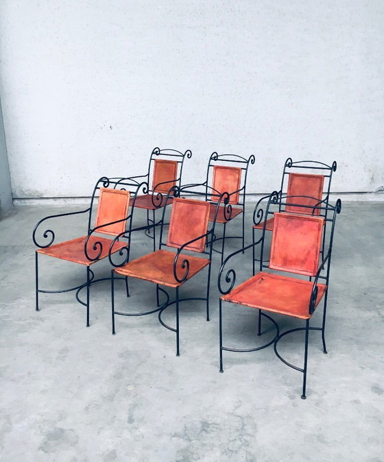 Image 1 of Eetkamerstoelset van smeedijzer en cognackleurig leer, Spanje, jaren 60