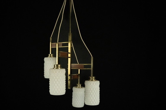 Image 1 of Lampadario moderno di metà secolo in ottone e vetro in stile Stilnovo, Italia 1950