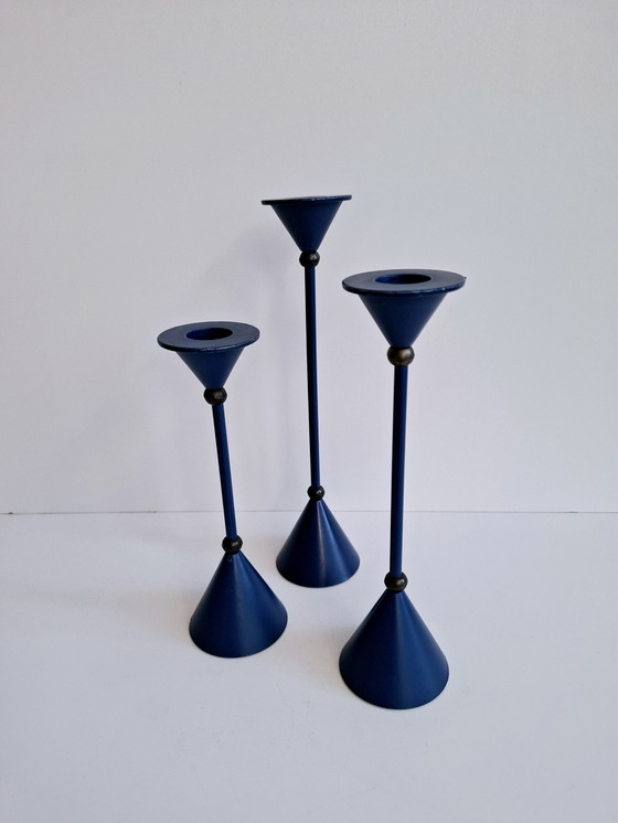 Image 1 of Set Of 3 Diabolo Candlesticks Memphis Milano Style Blue