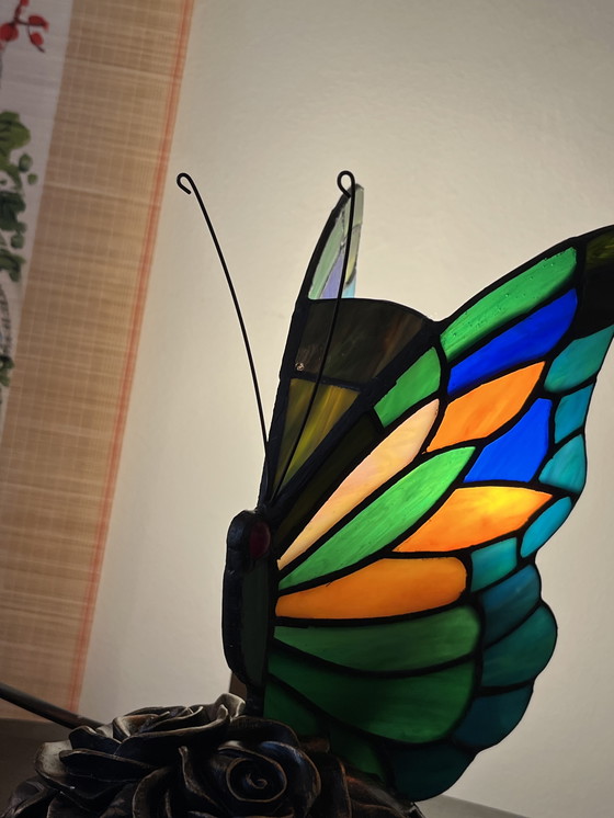 Image 1 of Set of 2 Stained Glass Table Lamps Butterfly Lamps