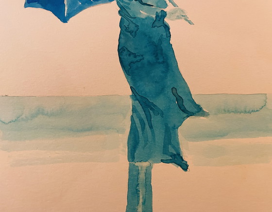 Image 1 of Gesigneerd schilderij blauw aquarel vrouwenportret "weekend in Honfleur".