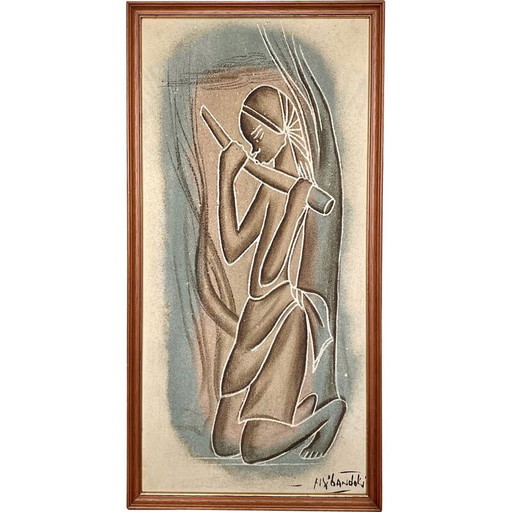 Vintage acrylic on canvas African Art by Ny'Bandoki, 1950s