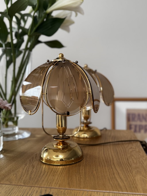 Lampes jumelles Art Déco vintage – tafellampen, Brass, Glass