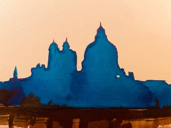 Image 1 of Acuarela bicolor firmada "Crepúsculo sobre Venecia"