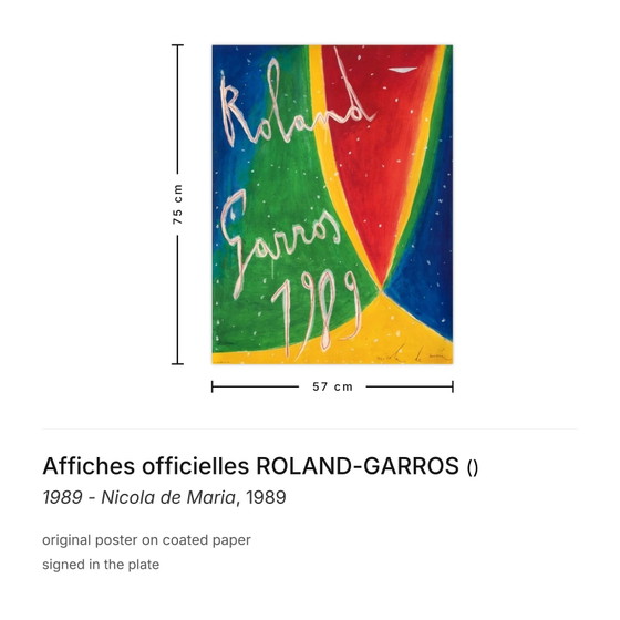 Image 1 of Affiches oficielles ROLAND-GARROS Nicola de Maria Poster 1989