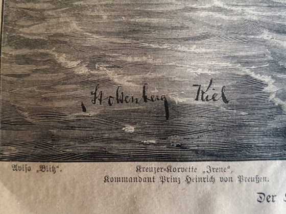 Image 1 of Grabado antiguo - Puerto de Kiel (ca. 1890) con marco