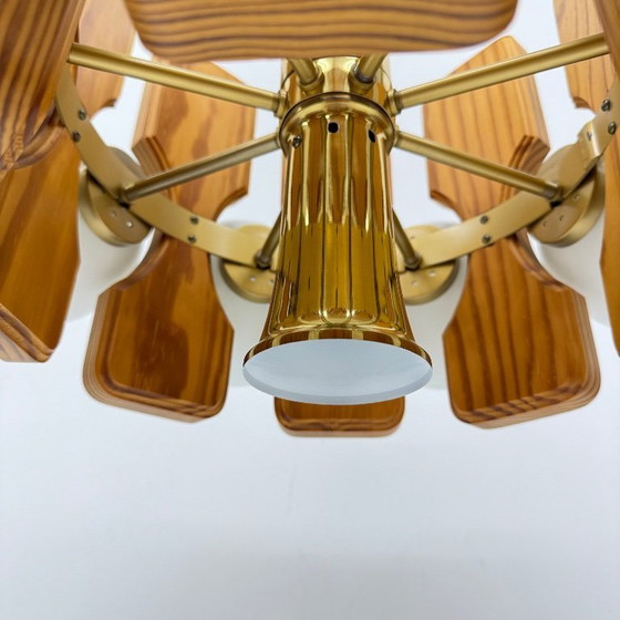 Image 1 of Vintage grenen houten kroonluchter met glazen bollen , jaren 1970