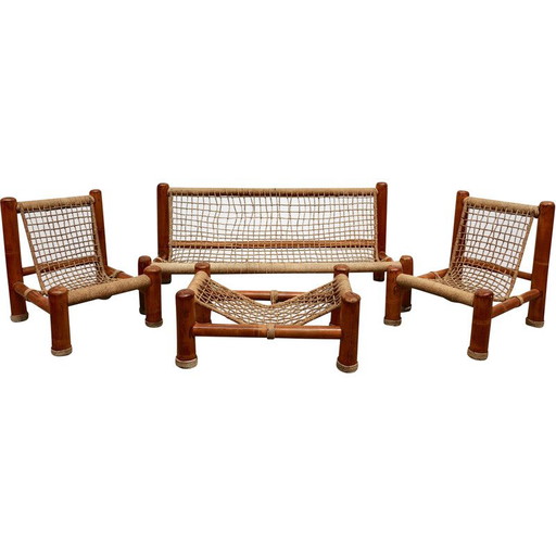 Conjunto de sala de estar vintage de bambú y cuerda, Italia, 1970