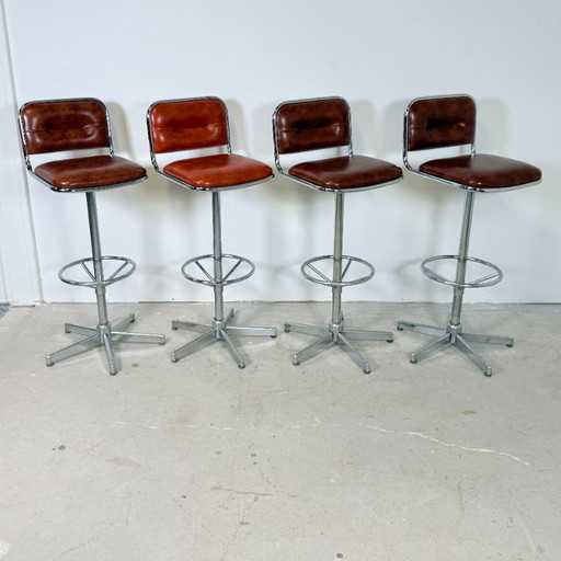 Chrome Bar Stools 1970s Cognac Faux Leather Upholstery – barkrukken, Skai