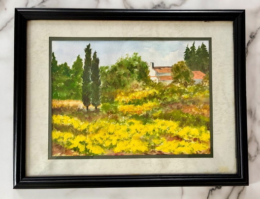 Vintage watercolor painting of rapeseed fields in the Drôme Provençale region