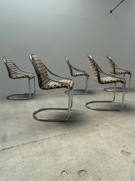Image 1 of SET OF 5 CHROMED STEELTUBE CANTILEVER CHAIRS IN THE STYLE OF GASTONE RINALDI, ITALY 1970s