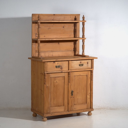 Antique pine kitchen dresser – Rustic European cupboard with shelves – circa 1940