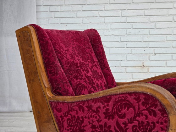 Image 1 of Anni '50, poltrona relax danese, velluto rosso per mobili, legno di quercia.