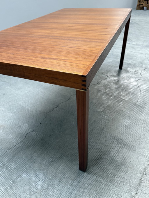 INGER KLINGENBERG FOR FRISTHO TEAK WOOD BRASS EXTENDABLE DINING TABLE, NETHERLANDS 1960s