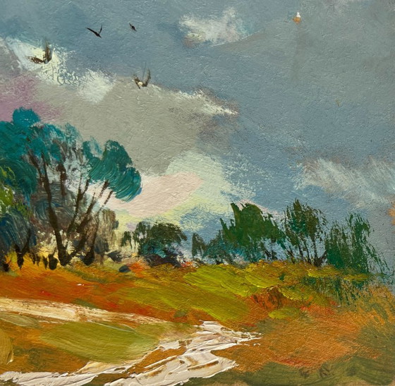 Image 1 of Original Oil Painting Summer Village Landscape The sky over the village was overcast