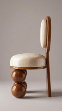 Sculpturale accentstoel, crèmekleurig gestoffeerd, frame van walnoothout, moderne, opvallende eetkamerstoel