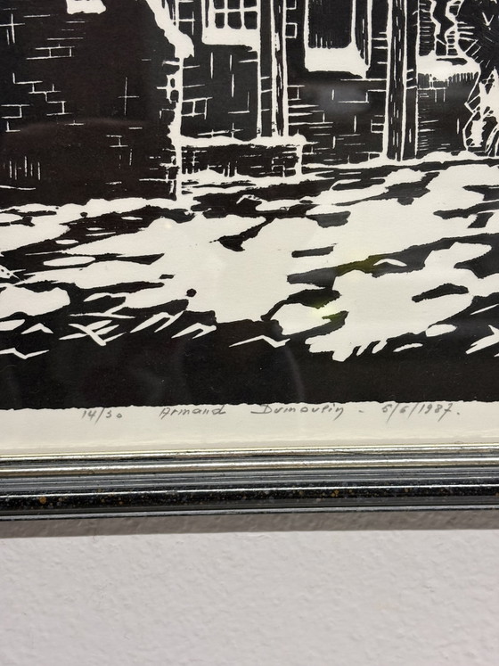 Image 1 of Signierter Holzschnitt/Linolschnitt von Armand Dumoulin – „Winterliche Kirchenszene“ (1987)

