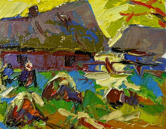 Image 1 of Original Oil Painting Evening Village Landscape Autumn gardens