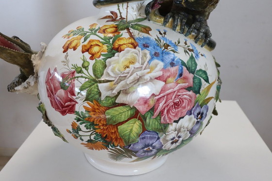 Image 1 of Majestic Ceramic Vase with Eagle and Crocodile, Italy Early 20th Century