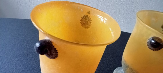 Image 1 of Lot de 2 lampes coupe en verre de Murano aux couleurs chaudes de l'automne ocre jaune vert