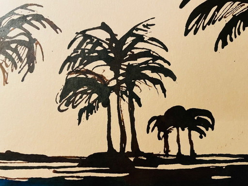 Tableau signé aquarelle bichrome « crépuscule sur le Nil »