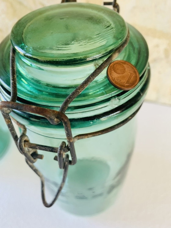 Image 1 of Vintage Franse potten in smaragdgroen glas van L'Ideale, jaren 1940, set van 2