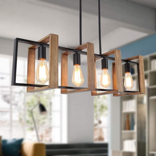 Kitchen island lighting, modern black chandelier for dining room and farmhouse, billiard table lamps, wood and metal finish