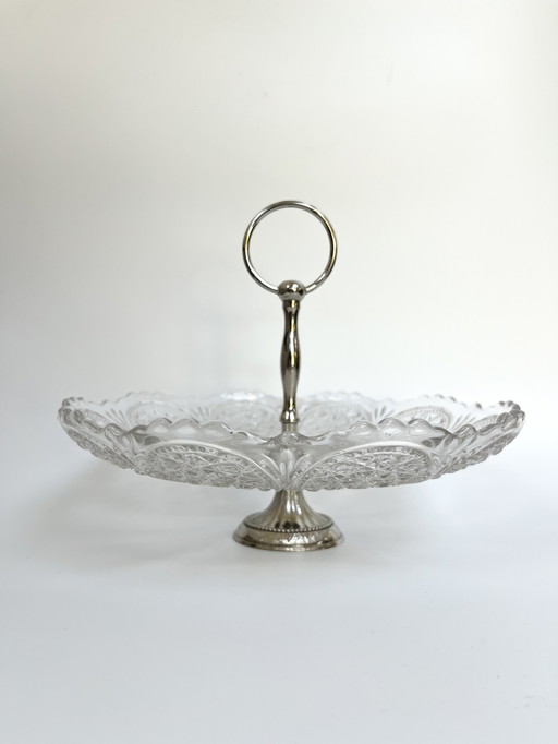 Vassoio da portata vintage in vetro pressato e metallo – Francia, XX secolo