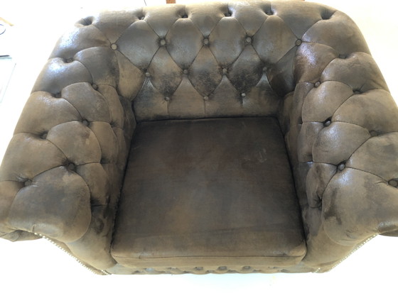 Image 1 of Vintage Chesterfield fauteuil/ loveseat (suede look)