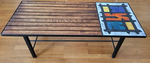 Vallauris Madoura Jouver Couchtisch aus Holz und Keramik, Vintage-Design