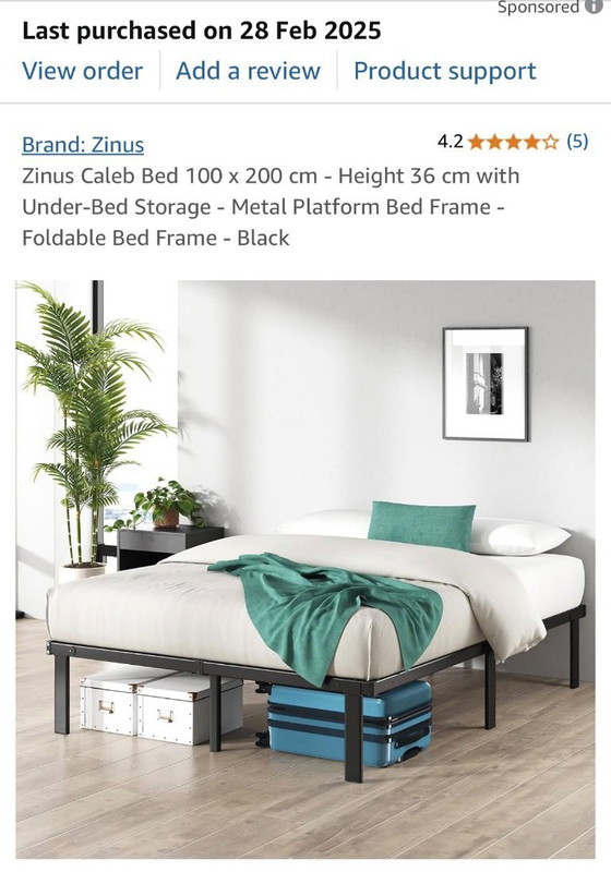 Image 1 of Letto Zinus Caleb 100 x 200 cm - Altezza 36 cm con contenitore sottoletto - Struttura letto in metallo - Struttura letto pieghev