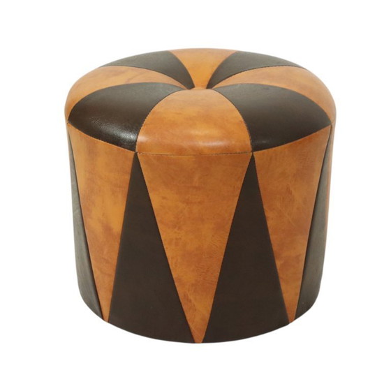 Image 1 of Round Vintage Pouf Brown Camel Skai