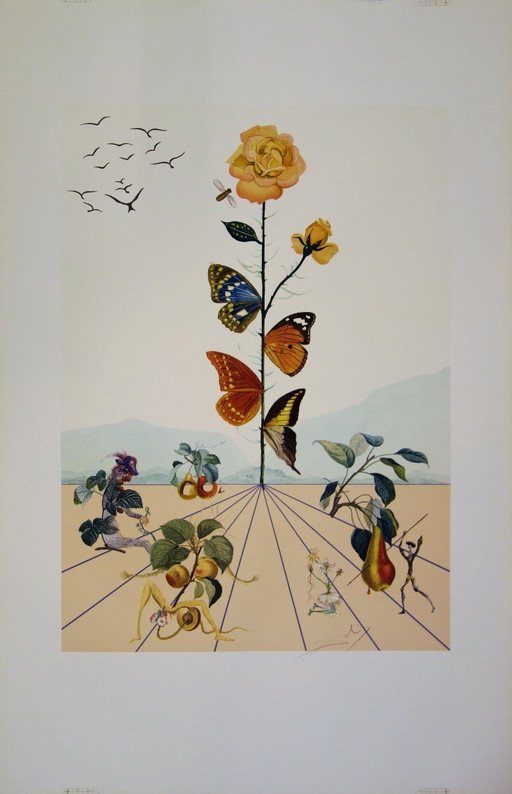 Salvador Dali : Flordali, La Rose Papillon, Lithographie Originale Signée – lithos zeefdrukken, Paper