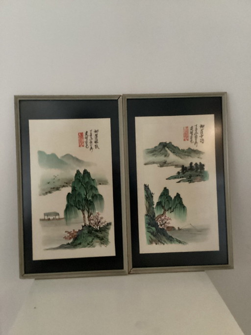 Set van 2 originele Chinese Shan Shui landschapsschilderingen( Inkt & Aquarel,2007 ). Gecreëerd door de kunstenaar Jianzhi.