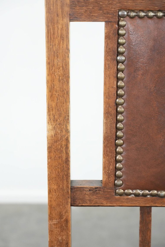 Image 1 of 4 x Antique Oak Dining Chairs in Art Nouveau Style with Cognac-Colored Cowhide Leather