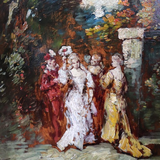 19th Century Oil Painting on Board, Gallant Scene, Signed – Paintings & Drawings, Wood (photo 2 of 13)