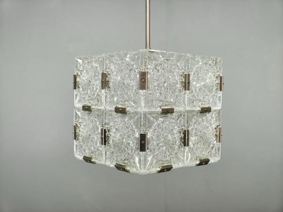 1970s Kamenicky Senov Czech Crystal Glass and Chrome Pendant Light, Chandeliers, Metal, Transparent (photo 4 of 10)