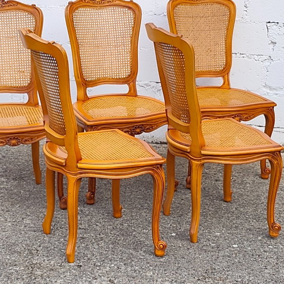Set Of 5 French Vintage Cane Dining Chairs - 5 Big Cherry Wood Cottage Chairs - Style Louis XV - 80s (photo 19 of 19)