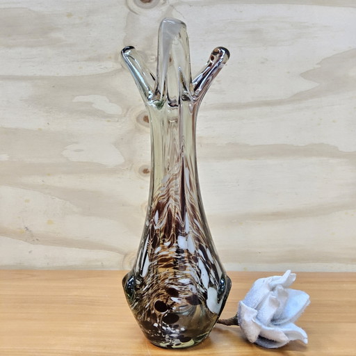 Vintage organic Murano glass vase, amber/white speckled Finger vase (pulled vase)