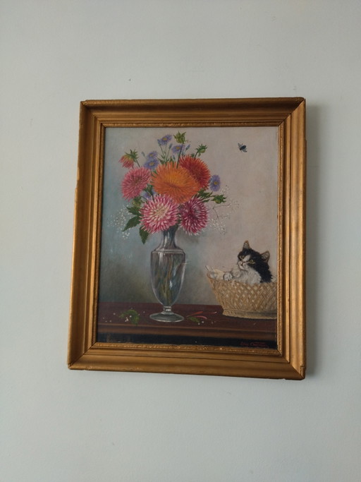 Antique Painting on Panel - Kitten and Flowers - Signed Léon Chevalier – schilderijen tekeningen, Wood, Other