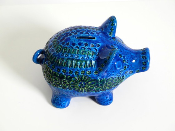 Image 1 of Beautiful 1960s large Rimini Blu ceramic pig money box by Aldo Londi for Bitossi Italy