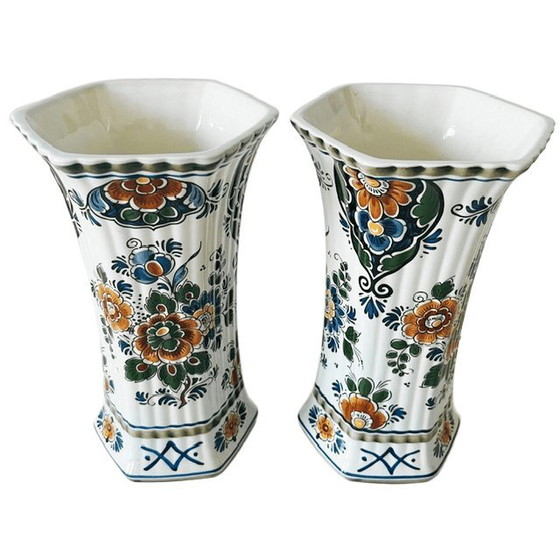 Image 1 of Vintage set of Delft Polychrome Dutch Handmade vases with floral motif, 1960s