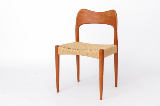 Image 1 of 6 sillas de comedor danesas diseñadas por Arne Hovmand-Olsen para Mogens Kold, sillas de teca de mediados de siglo de la década 