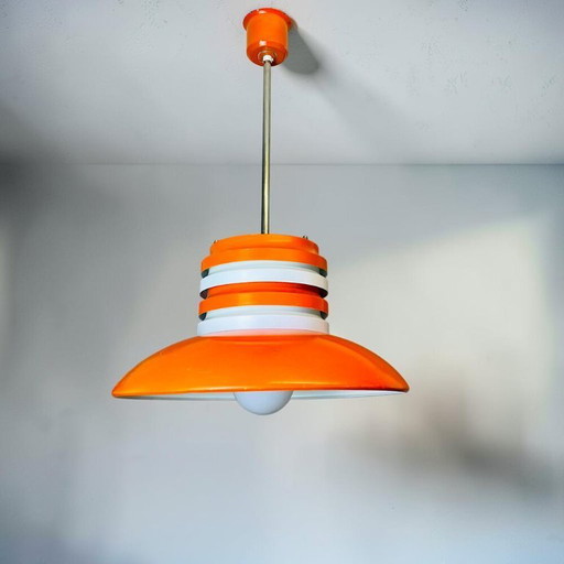 Grande lampadario da sala da pranzo in metallo arancione, stile Space Age scandinavo moderno, anni '70.