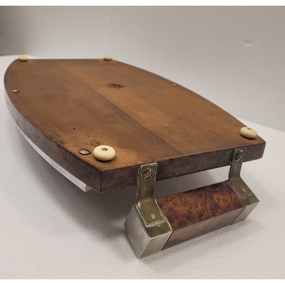 Image 1 of Vintage art deco serving tray in root or lupia wood and chrome steel, France 1930