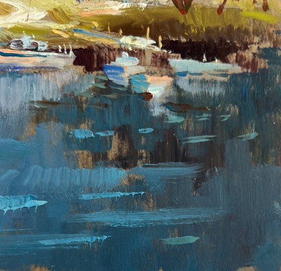 Image 1 of Original Oil Painting Summer Village Landscape Sailboats on the shore