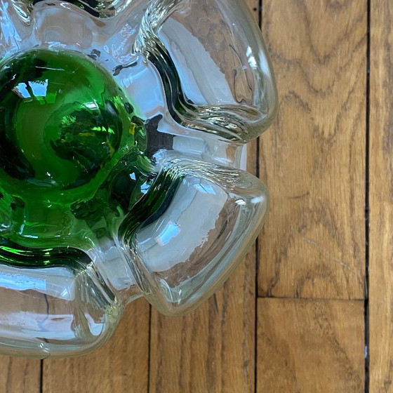 Image 1 of Lampada da soffitto vintage in vetro di Murano di Mazzega, fiore verde e acciaio inossidabile